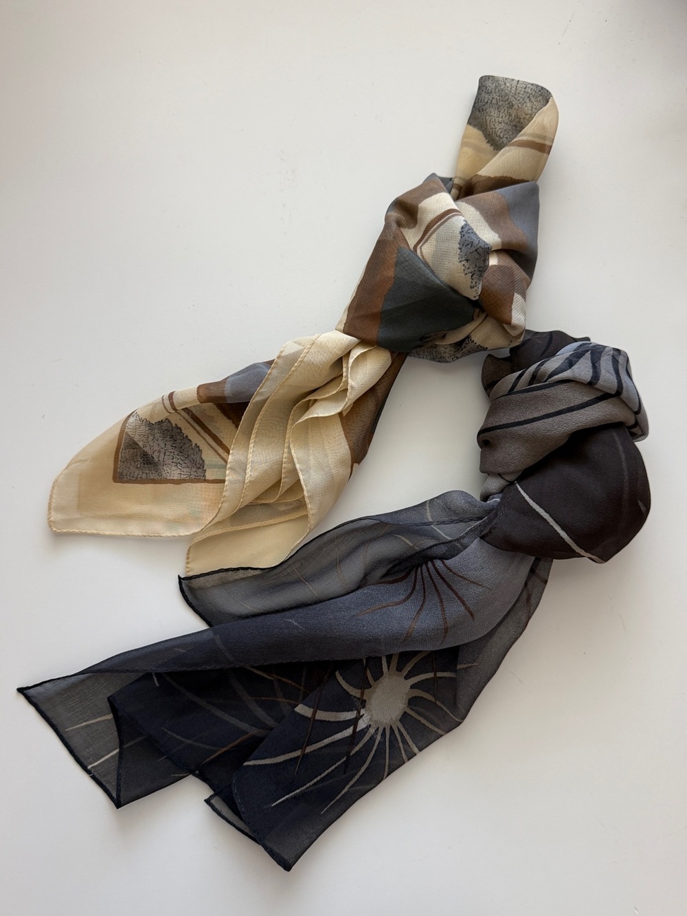 Vintage Neutral Silk Scarf Lightweight Brown Black Patterned Women's Sheer